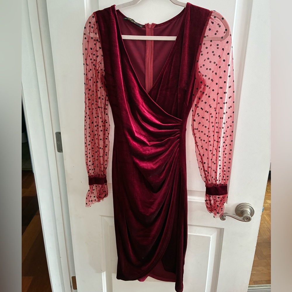 Velvet Wrap Burgundy Cocktail Dress with Sheer Polka Dot Sleeves - Picture 2 of 5